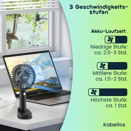 casativo Flexibler 2in1 Hand- & Tischventilator (schwarz): Akku- & USB-Betrieb, 3 Stufen für optimale Kühlung, kompakt, tragbar & ideal für Büro, Reise & Zuhause