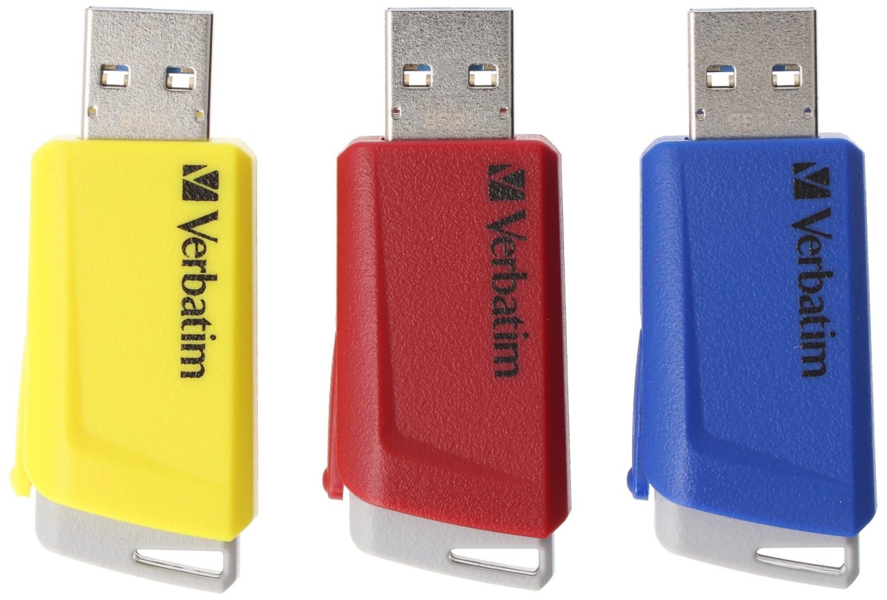 Verbatim USB 3.2 Stick 16GB, Store'n'Click, rot-blau-gelb Typ-A, (R) 80MB/s, (W) 25MB/s, Retail-Blister (3-Pack)