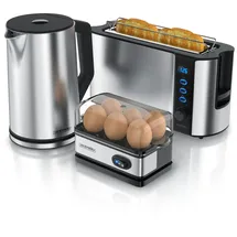 Arendo Frühstücksset 3-teilig, 2-Scheiben Toaster, 6er Eierkocher, Wasserkocher 1,5L, Silber