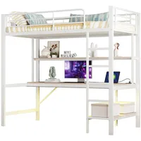 SeedWave Hochbett Vielseitige LED Hochbett Einzelbett mit Schreibtisch, 90/140 x 200cm Mit 2 Regalen, 5-Stufige vertikale Leiter