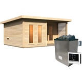 Woodfeeling Karibu Saunahaus Mainburg 5 mit Vorraum - 38 mm naturbelassen Set C (Sauna B 1,34 x T 1,34 m mit 2 Liegen 57/52 cm) 9 kW Ofen inkl. Steuergerät inkl. 8-teiligem gratis Zubehörpaket (Gesamtwert 191,92€)