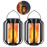 Hängende Solar Laterne 2er Set Garten LED Lampe Flammenoptik USB Aufladung wetterfest Outdoor Beleuchtung für Terrasse Garten Party Dekor - Schwarz