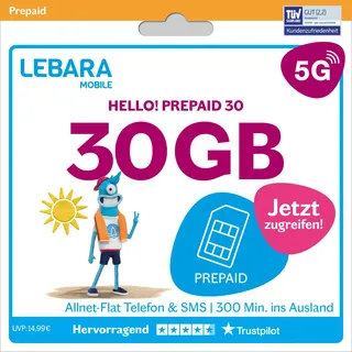 LEBARA Hello! 30 Prepaid SIM-Karte | Handy-Tarif ohne Vertrag | inkl. Allnet Flat Minuten & SMS in alle dt. Netze + 30 GB inkl. 5G + 300 Minuten ins Ausland + EU-Roaming