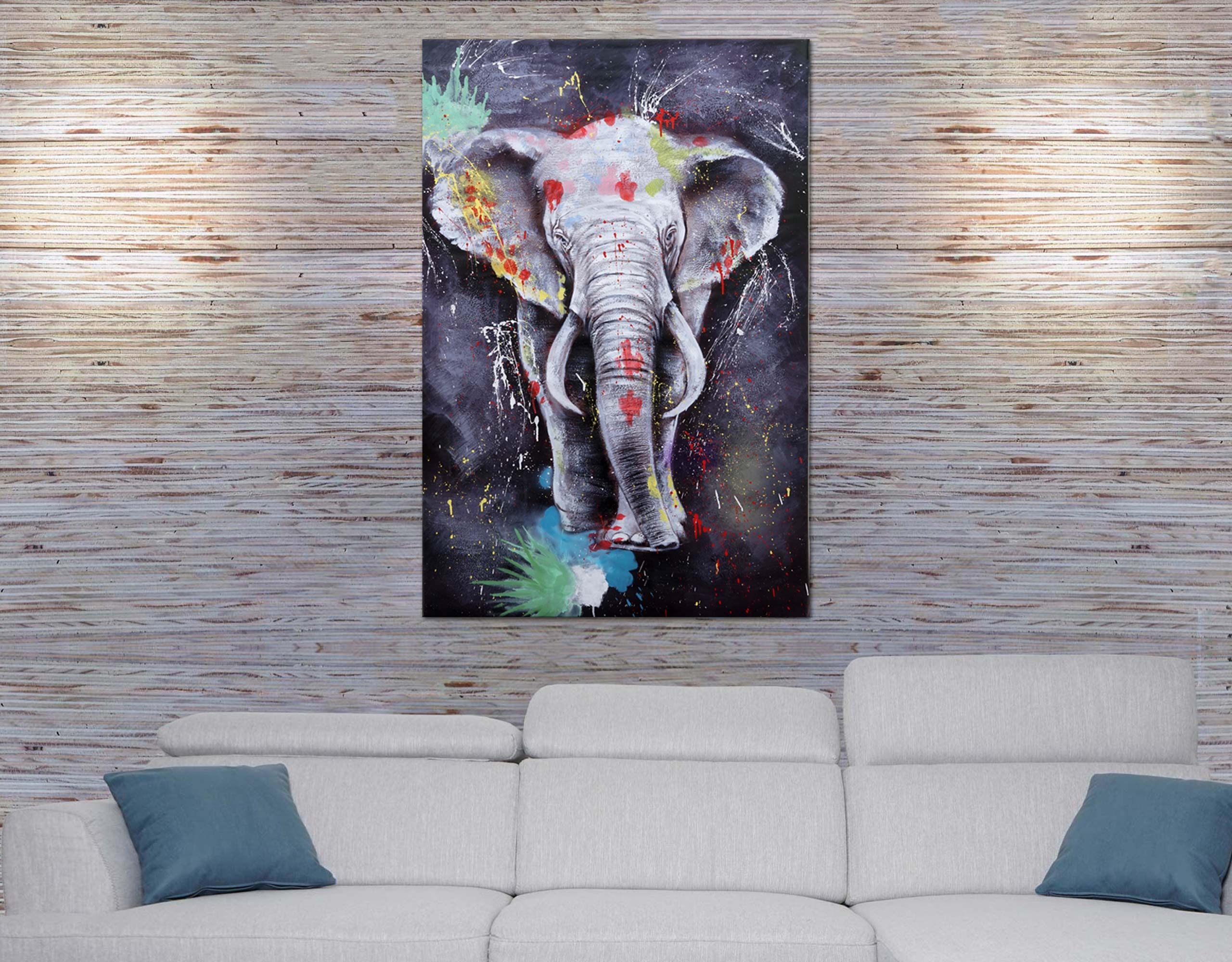 √ñlgem√§lde Elefant HWC-H25, Leinwandbild Wandgem√§lde Gem√§lde, handgemaltes XL Wandbild ~ 150x100cm