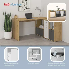 FMD Eckschreibtisch FMD "Lexo", weiß (artisan, oak, weiß), B:136cm H:74cm T:66,5cm, Tische, Eckschreibtisch, Schreibtisch/Sideboard viel Stauraum, beidseitig montierb., 136/205 cm