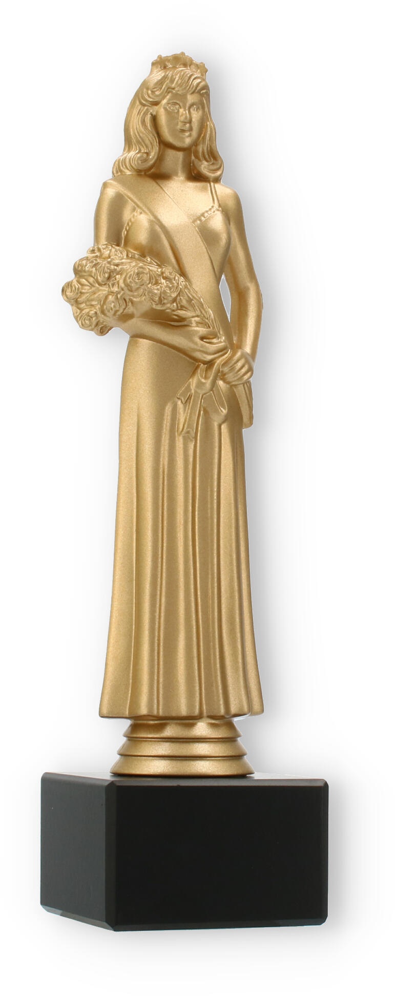 Pokal Kunststofffigur Schönheitskönigin goldmetallic auf schwarzem Marmorsockel 24,7cm