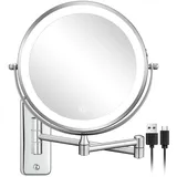 DECLUTTR Wandmontierter beleuchteter Make-up-Spiegel, wiederaufladbar, 1 x 15 x Vergrößerungsspiegel, 20,3 cm, doppelseitig, 3 Farben, Schminkspiegel mit Lichtern, Touch-dimmbar, 360° drehbar, faltbar