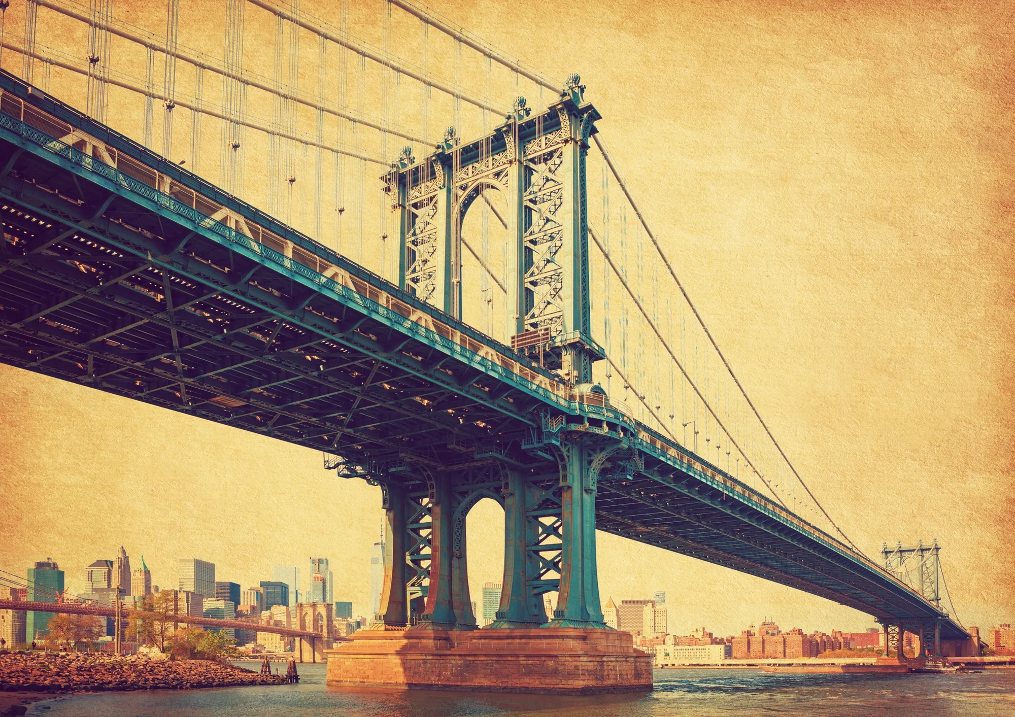 PAPERMOON Fototapete "BROOKLYN BRIDGE-RETRO NEW YORK MANHATTAN BRÜCKE VINTAGE" Tapeten Gr. B/L: 3,50 m x 2,60 m, Bahnen: 7 St., bunt Fototapeten
