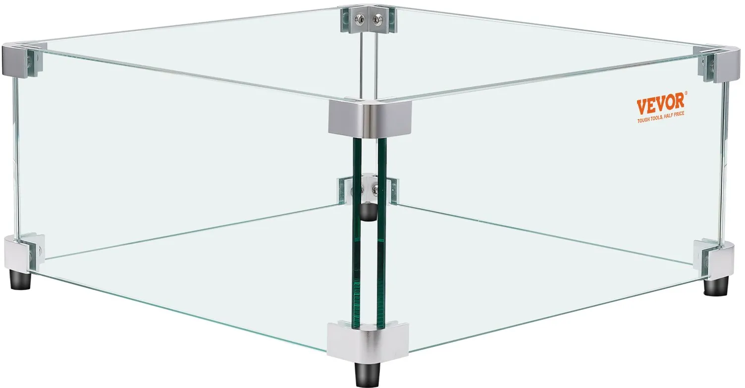 VEVOR Gas-Feuerstellen-Windschutz für quadratischen Feuertisch 543x543x191mm gehärteter Windschutz für Feuerstellen 8mm dicker quadratischer Glasschutz Glasscheibe mit harter Eckhalterung und Füßen