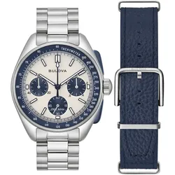 Chronograph BULOVA "Lunar Pilot", silber (silberfarben), Armbanduhren, Herren, Armbanduhr, Quarzuhr, Herrenuhr, Saphirglas, Edelstahl- & Lederarmband