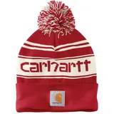 Carhartt Herren Strickmütze mit Bommel und Logo, Rot/Winterweiß meliert, Einheitsgröße - Einheitsgröße