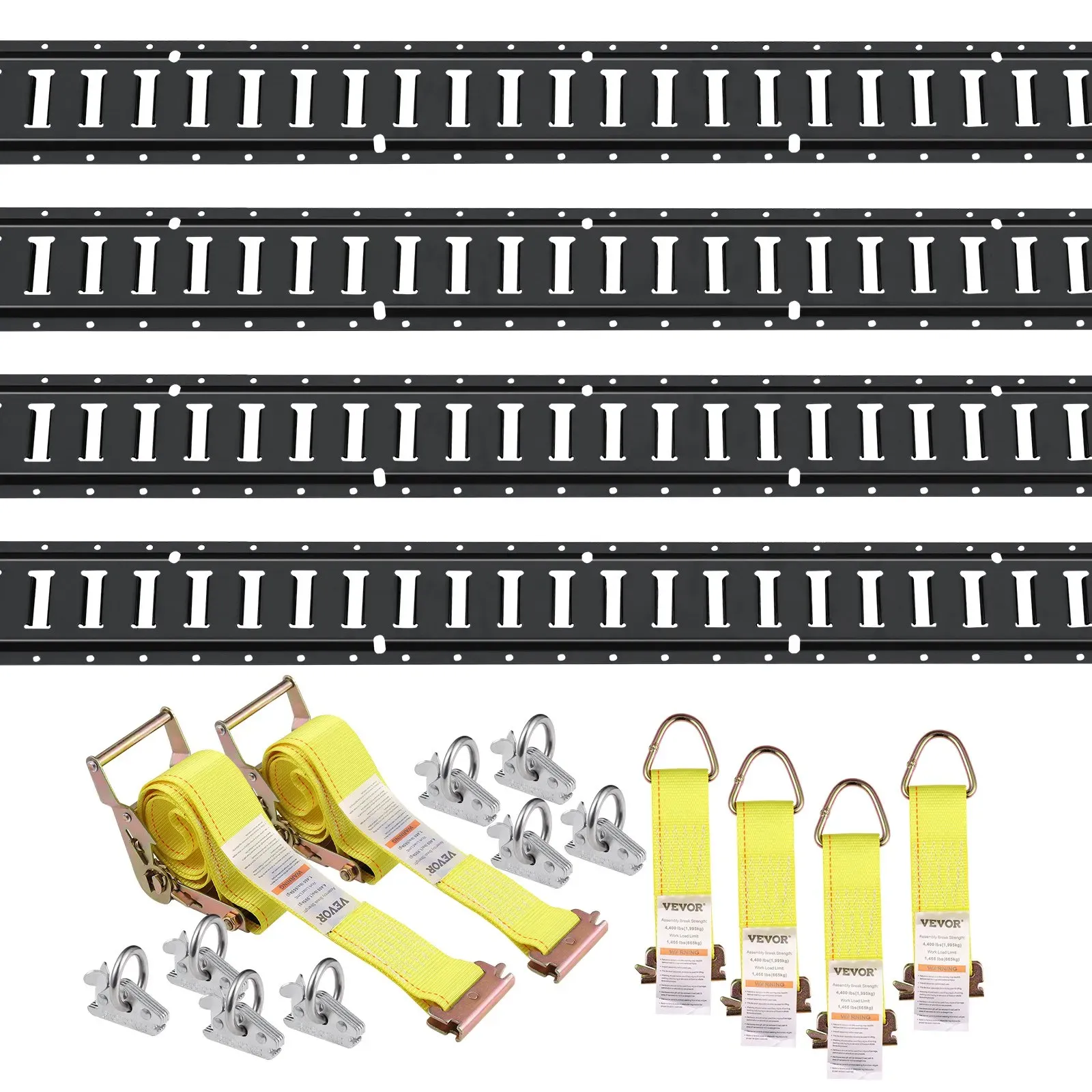 VEVOR E-Track-Zurrschienen-Set, 18-teilig, 1524 mm E-Tracks-Set, inkl. 4 Stahlschienen & 8 O-Ring-Anker & 4 Zurrgurte mit D-Ring & 2 Ratschengurten, Sicherungszubehör für Lastenmotorräder, 907 kg