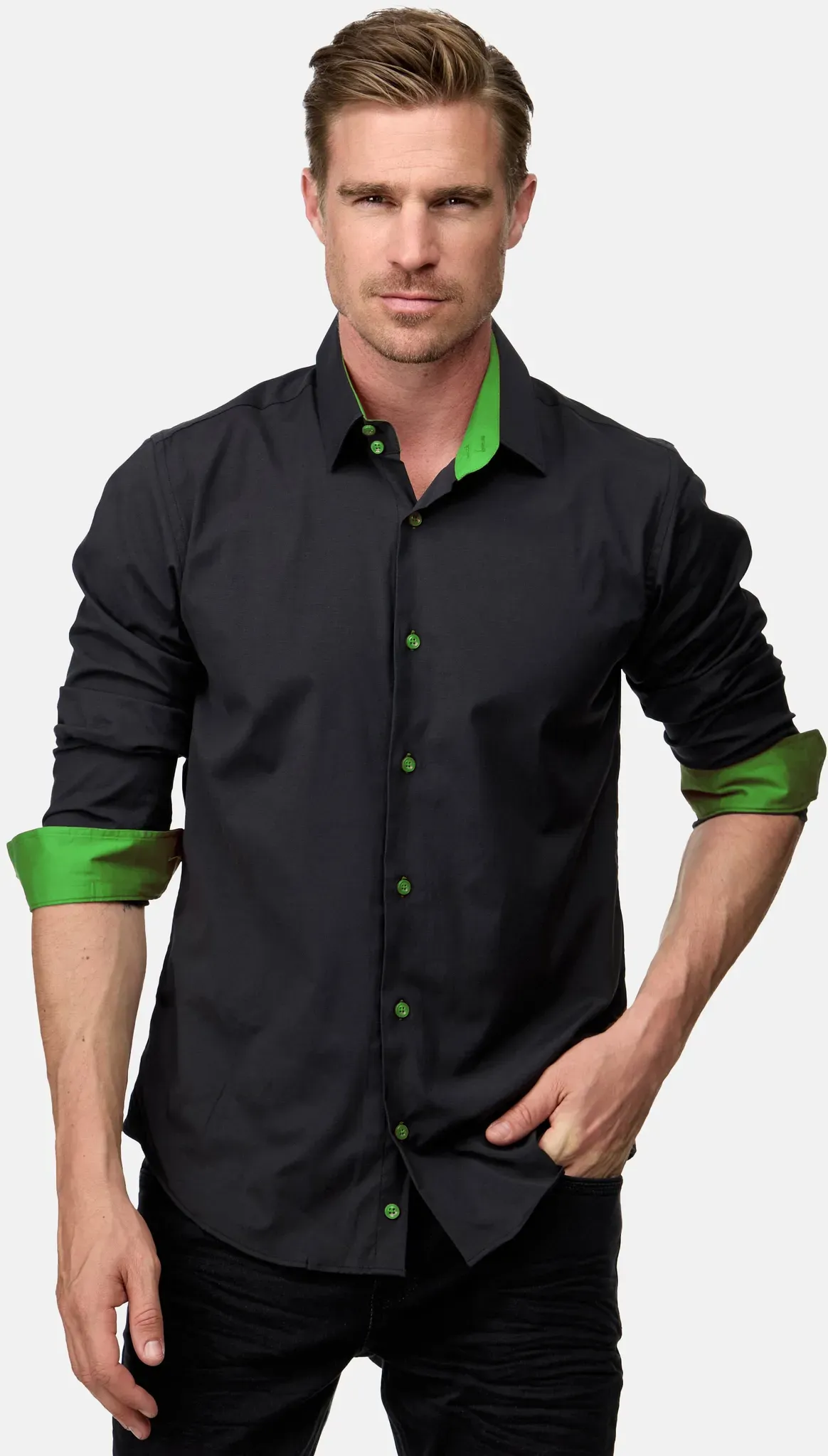 Langarmhemd RUSTY NEAL, Herren, Gr. 4XL, EURO-Größen, schwarz (schwarz, hellgrün), 60% Baumwolle, 37% Polyester, 3% Elasthan, unifarben, Hemden, mit trendigem Farbkontrast