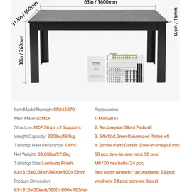 Vevor Rechteckiger Esstisch, 63 Zoll lange große Holztische für 4–6 Personen, moderne Esszimmermöbel, Konferenztisch mit einer Tragkraft von 1...