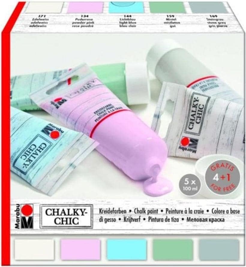 Marabu, Künstlerfarbe + Bastelfarbe, Kreidefarbe Chalky-Chic (Grün, Hellblau, Rosa, Grau, Weiss, 100 ml)