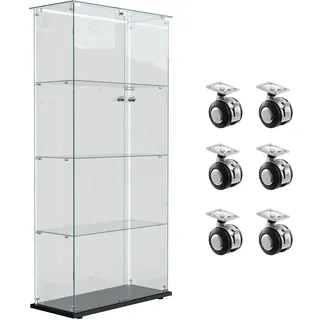 Glasvitrine Standvitrine mit Rollen ,2 Türen Abnehmbar Glasvitrine LED Beleuchtung und Glastüren,4 Ablagen, Glas Vitrine Sammlervitrine Vitrinenschrank,Display Cabinet