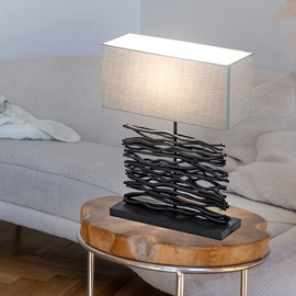 GLOBO Tischleuchte Tischlampe Beistelllampe Holzlampe Schreibtischlampe Wohnzimmerlampe, Holz schwarz Stoff grau, E27, H 50 cm