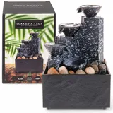 MIJOMA Mini-Zimmerbrunnen mit LED, leise Pumpe & USB-Anschluss – Indoor Wasserfallbrunnen für Entspannung & Dekoration – 3-stufiger Schreibtischbrunnen aus Kunstharz, inkl. Deko-Steine (17x9x11 cm)
