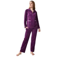RAIKOU Hausanzug Hausanzüg Nicki Hausanzug Trainingsanzug Freizeitanzug (mit Reißverschluss und Satinband) mit Kontraspaspel-Details lila|rot 36/38