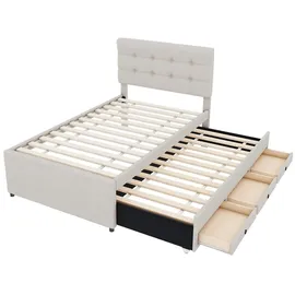 XDOVET Polsterbett, 90x200cm(90x190cm),Familienbett, Bett mit drei Schubladen, Ausziehbares Rollbett, Verstellbares Kopfteil