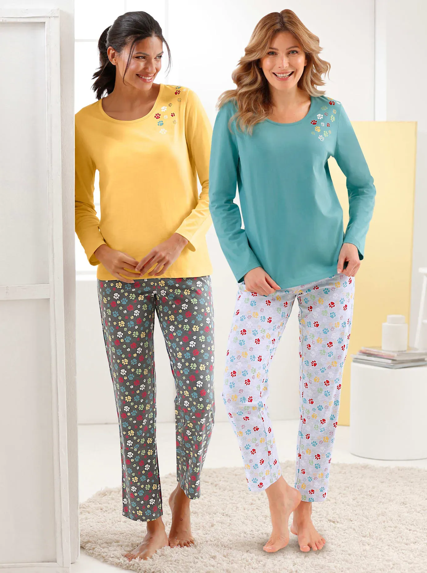 Schlafanzug WÄSCHEPUR Gr. 44/46, bunt (gelb, bedruckt, ozean, bedruckt) Damen Homewear-Sets Pyjamas