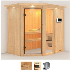 Karibu Sauna Frigga 1, BxTxH: 210 x 165 x 202 cm, 68 mm, (Set) 9-kW-Ofen mit externer Steuerung beige