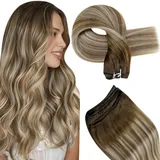 Hetto Tressen Echthaar Extensions Balayage Brown Tressen Haarverlangerung Echthaar Dunkelbraun Ombre Aschbraun und Mittelblond Echthaar Tressen #3/8/22 80g 35cm