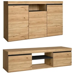 SKRAUT HOME Set Natural Wohn-Esszimmer, Beistellmöbel, Buffet TV-Schrank 140cm schwarz nordische Eiche - SETNAT140
