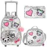 Egchescebo Rucksack Mädchen Schulranzen Trolley Schulrucksack Mädchen Teenager 3PCS 16”Kinder Schultrolley Geeignet für Schule und Reise Panda Trolley mit Silbernen Pailletten für Mädchen