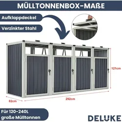 DELUKE® 4er Mülltonnenbox OSEO verzinkter Stahl - für 120-240L Tonnen| 4er Mülltonnenverkleidung für 4 Tonnen 240L Müllbox aus Metall | Anthrazit