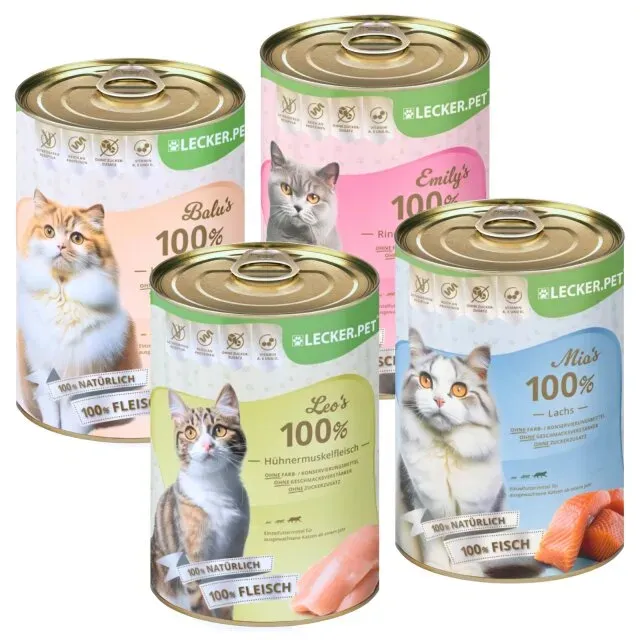 24 x 400 g Lecker.Pet® Balu’s, Emily's, Leo's & Mia's 100 % Fisch & Fleisch Katzenfutter Nassfutter Mix - je Sorte 6 Dosen