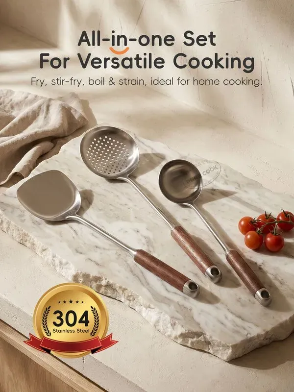 PURECOOK Spatel- und Schöpflöffel-Serie | 304 | Holzgriff | 3-teiliges Spatel- und Schöpflöffel-Set