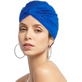 Bademütze Damen Elastisch Schwimmhaube Retro Knoten Turban Badenkappe rutschfest Swim Cap Schnelltrocknend Schwimmmütze Ohrenschutz Badehut Sommer Schwimmkappe Mädchen für Kurz Lang Haar Spa Blau