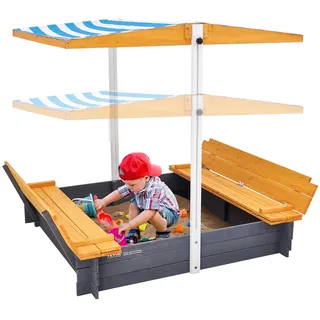 Vevor Holzsandkasten mit Überdachung, Sandkasten, Sandgrube mit klappbaren Sitzbänken und Bodeneinlage, Naturholz-Sandkasten für Kinder für den Garten, Geschenk für Kinder im Alter von 3–12 Jahren