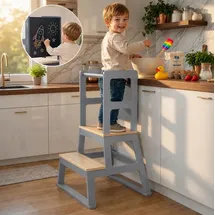 BABY VIVO Lernturm aus Holz mit Tafel grau