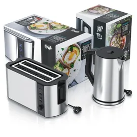 Arendo 2-teiliges Frühstücksset, Edelstahl Wasserkocher 2200W, 4-Scheiben Langschlitz Toaster, Silber