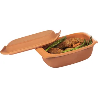 BROWIN® Tonbräter Bräter aus Naturton 2,5 Liter | Tonbräter Dampfgarer | Römischer Tonofen | Auflaufform für fettfreies Kochen und zum Backen von Brot und Kuchen | Brätertopf (2,5 Liter)