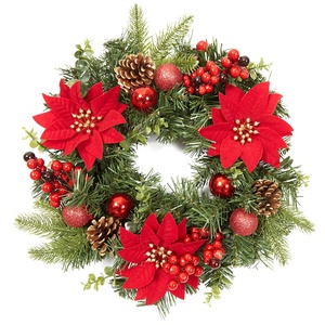 Adeeing 40CM Künstlicher Weihnachtstürkranz, Weihnachtsgirlande mit Weihnachtskugeln Weihnachtsblumen Beeren und Tannenzapfen für Haustür, Kamin und Wanddekoration - Rot
