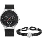 BERING Herren Set Analog Quarz Armbanduhr aus der Classic Collection und ein schwarzes Armband aus Kalbsleder 33441-102-GWP