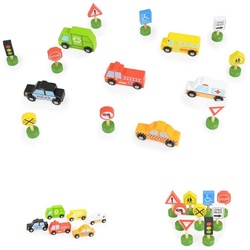 Tooky Toy Spielzeug-Auto Spielzeugautos 16-teilig TKF050, Holz-Setzkasten, Transport, Schilder bunt