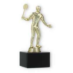 Pokal Kunststofffigur Badmintonspieler gold auf schwarzem Marmorsockel 17,0cm