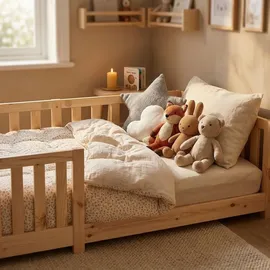 ecomi Kinderbett mit Rausfallschutz 90 x 200 cm Kiefer massiv natur