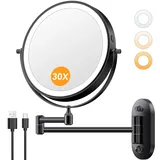 Auxmir 1 x / 30 x beleuchteter Make-up-Spiegel, zur Wandmontage, 20,3 cm, wiederaufladbar, doppelseitig, Vergrößerungsspiegel mit Licht, dimmbar, 3 Farben, 360° drehbar, faltbarer, verlängerter Arm