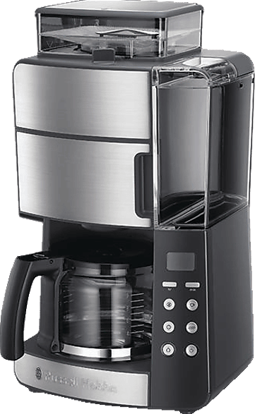 Russell Hobbs Kaffeemaschine mit Mahlwerk Glaskanne [Digitaler Timer, Brausekopf für opt. Extraktion & Aroma] Grind&Brew (max 10 Tassen, 3‑stufige Mahlgradeinstellung) Filterkaffeemaschine 25610–56