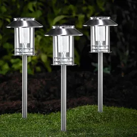 Melitec LED-Solar-Gartenlampe 3er-Set, Outdoor-Solarleuchte, Außenbeleuchtung, Solar-Wegebeleuchtung, bis zu 8 Stunden Leuchtdauer, aus Edelstahl, ... - Silber