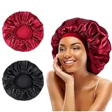 GEFIRE 2 Stücke Satin Schlafmütze Bonnet Haarhaube Lockenhaube Zum Schlafen Haarhaube für Die Nacht Kopfbedeckung Weiche Kopfhaube Schlafhaube Seide mit Gummizug für Damen und Mädchen (Schwarz, Rot)