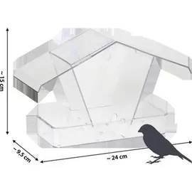 Dobar 11503 Fenster-Vogelfutterhaus - Futterstation aus Kunststoff - Wildvogelfutterspender mit Saugnäpfen - Futtersäule für Fenster - Futterhaus mit Futtertablet - 24 x 9,6 x 15 cm - Transparent