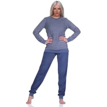 normann Damen Frottee Pyjama Langarm Schlafanzug mit Bündchen in Streifenoptik, Farbe:Marine, Größe:48/50 - 48-50