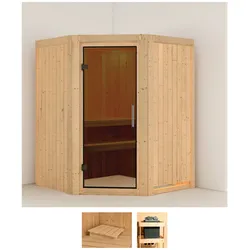 Sauna KARIBU "Larin", beige (naturbelassen), ohne Ofen, (ohne Ofen), Saunen, ohne Ofen