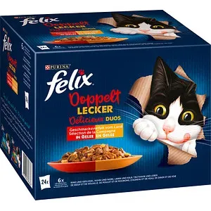 felix® Katzen-Nassfutter Doppelt lecker Délicieux duos Geschmacksvielfalt vom Land in Gelee 24x 85,0 g